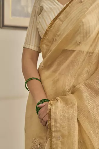 Gold  kota silk hand embroidered saree