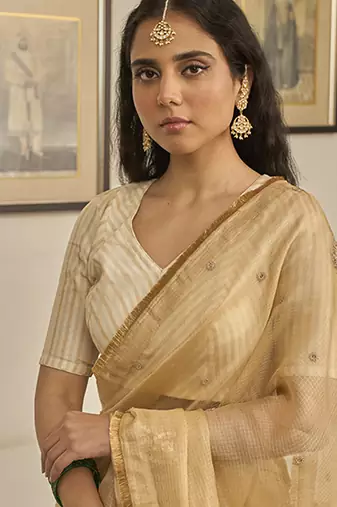 Gold  kota silk hand embroidered saree
