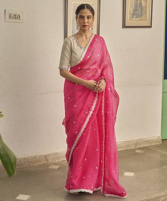 Pink kota silk hand embroidered saree 1