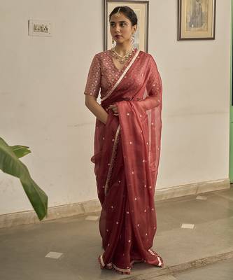 Pink kota silk hand embroidered saree 4