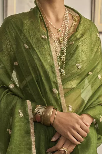 Green kota silk hand embroidered saree