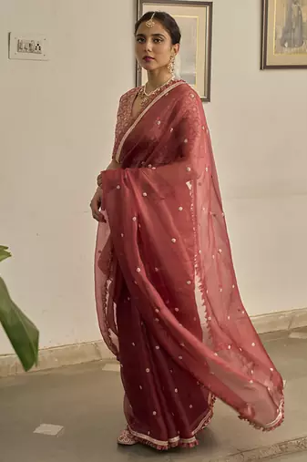 Pink kota silk hand embroidered saree