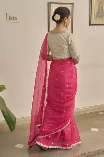 Pink kota silk hand embroidered saree