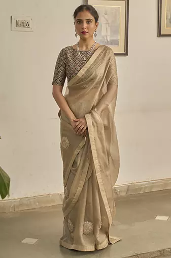 Grey kota silk hand embroidered saree