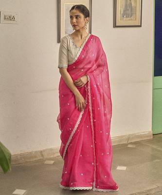 Pink kota silk hand embroidered saree 3