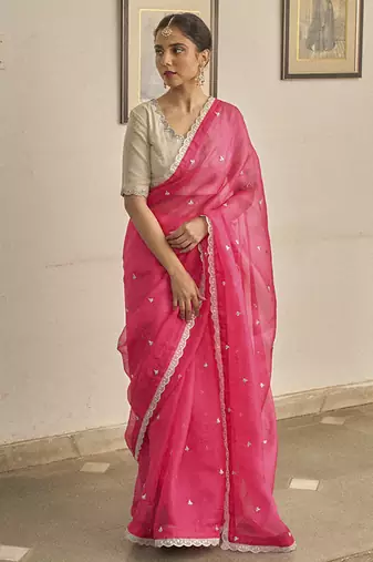 Pink kota silk hand embroidered saree