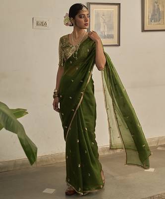 Green kota silk hand embroidered saree 4