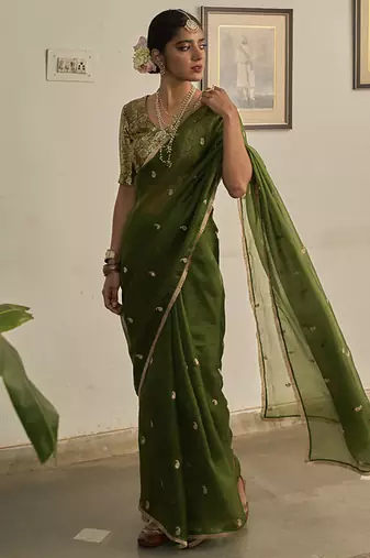 Green kota silk hand embroidered saree