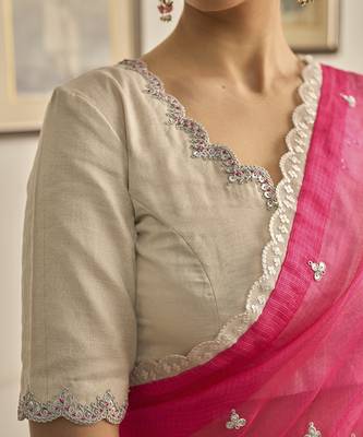 Pink kota silk hand embroidered saree 4