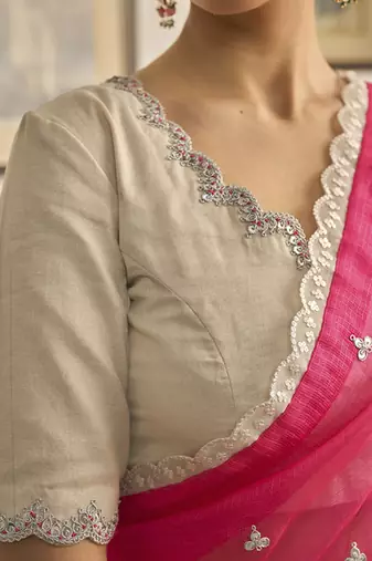 Pink kota silk hand embroidered saree