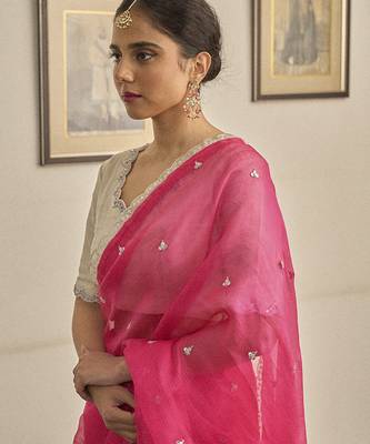 Pink kota silk hand embroidered saree 5