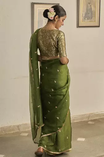 Green kota silk hand embroidered saree