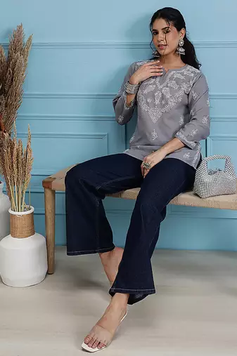 Hand embroidered grey cotton lucknowi chikankari short kurti