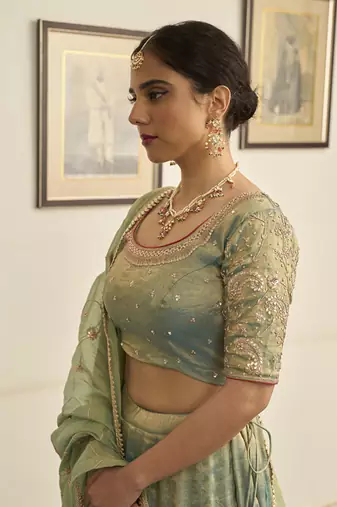 Turquoise embroidered TISSUE Lehenga