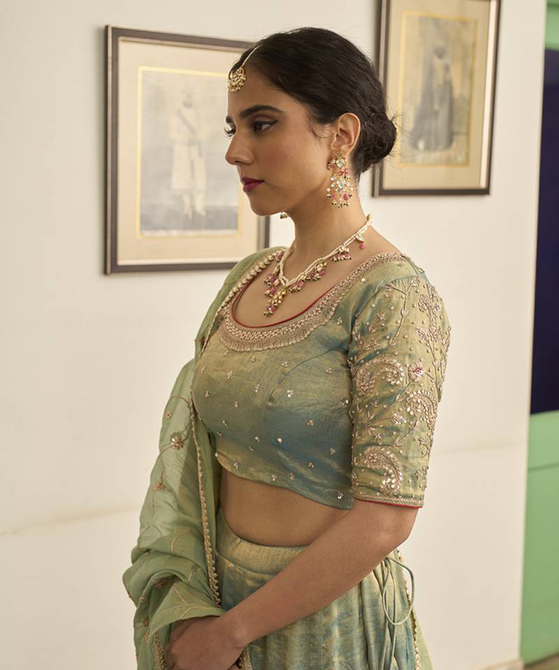 Turquoise embroidered TISSUE Lehenga