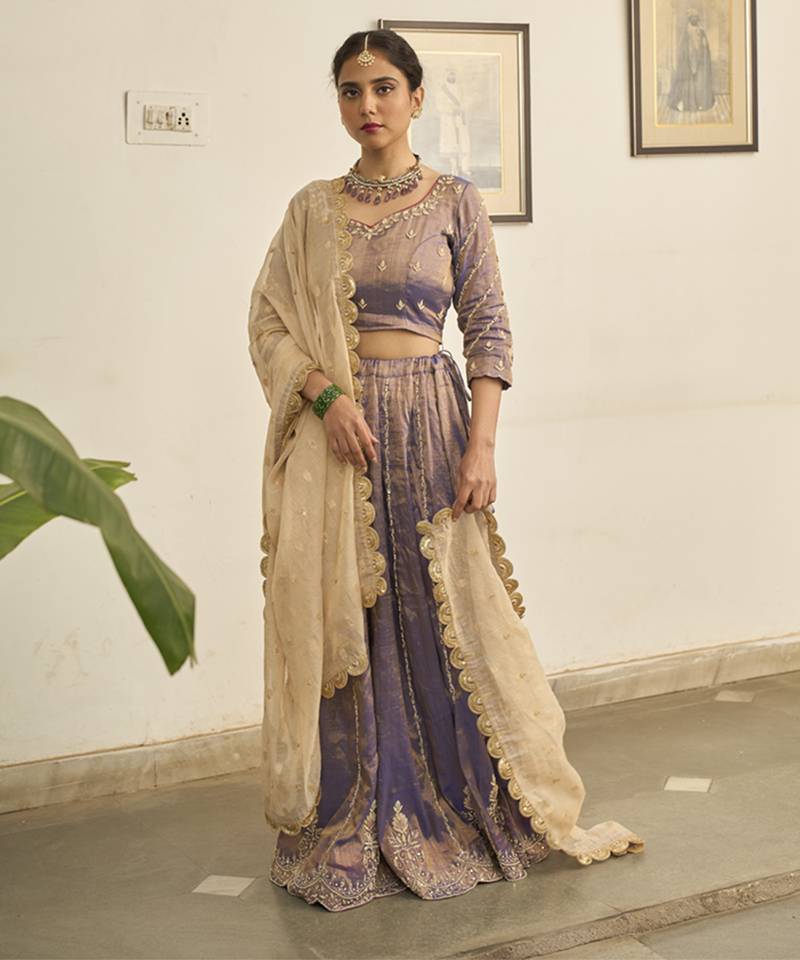 PURPLE embroidered TISSUE Lehenga