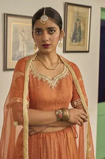 Orange embroidered TISSUE Lehenga