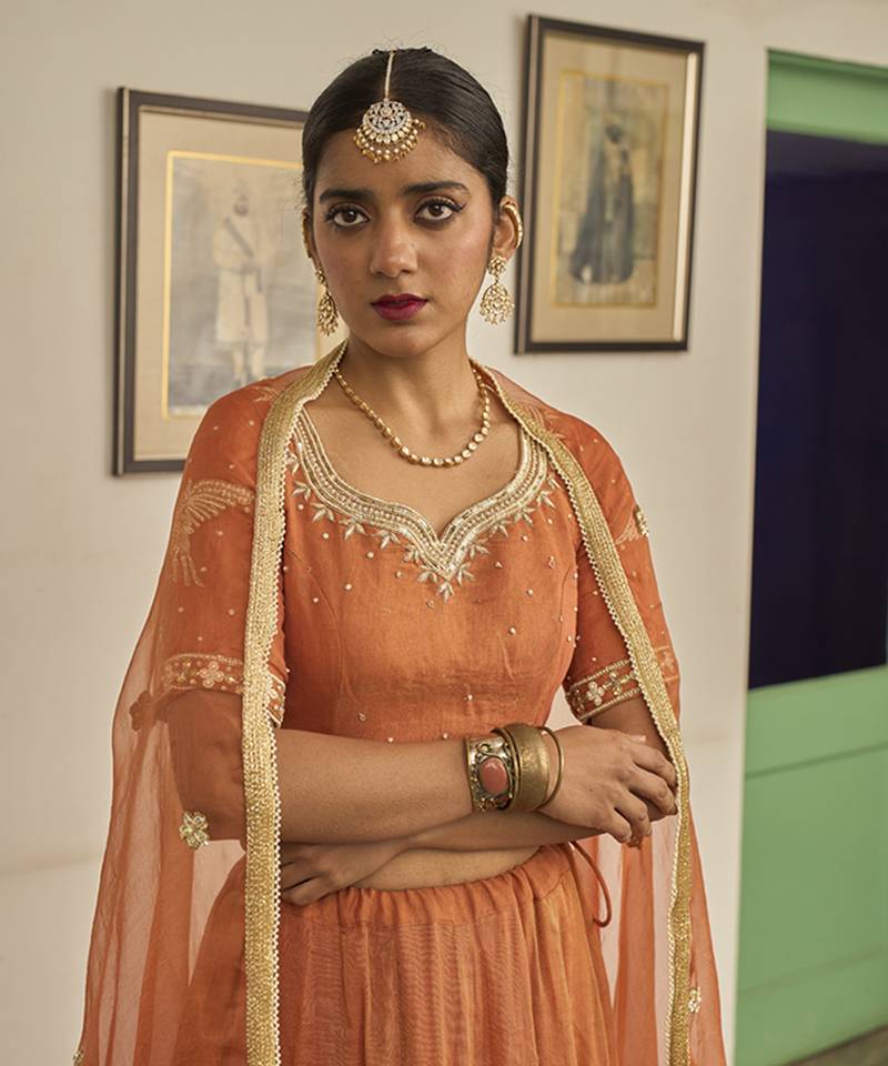 Orange embroidered TISSUE Lehenga