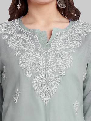 Hand embroidered grey cotton lucknowi chikankari kurti 7