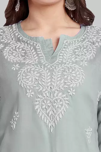 Hand embroidered grey cotton lucknowi chikankari kurti
