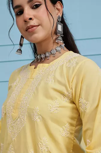 Hand embroidered yellow cotton lucknowi chikankari short kurti