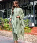 green embroidered stitched silk kurta suit with dupatta