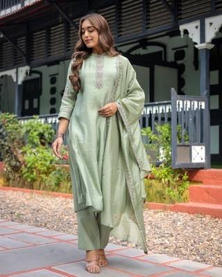 green embroidered stitched silk kurta suit with dupatta 2