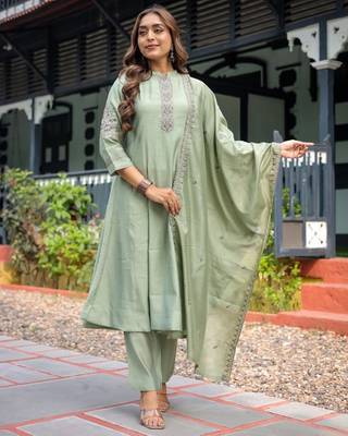 green embroidered stitched silk kurta suit with dupatta 4