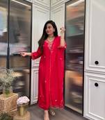 red embroidered stitched rayon kurta suit with dupatta