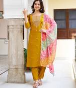 yellow embroidered stitched viscose kurta suit with dupatta