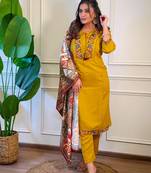 yellow embroidered stitched viscose kurta suit with dupatta