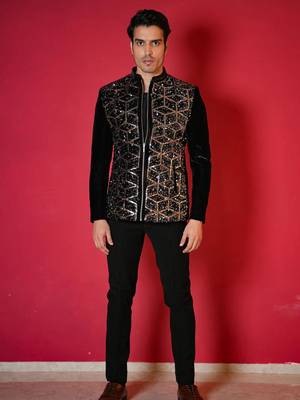 Black velvet bomber jacket with golden geometic sequins embroidery 1