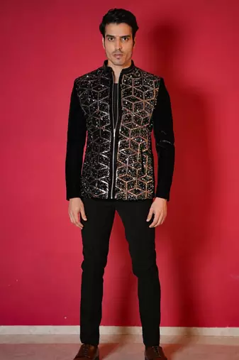 Black velvet bomber jacket with golden geometic sequins embroidery