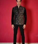 Black velvet bomber jacket with golden geometic sequins embroidery