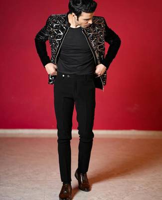 Black velvet bomber jacket with golden geometic sequins embroidery 2