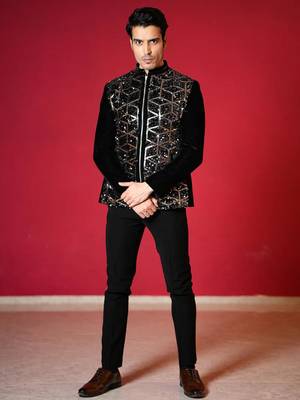 Black velvet bomber jacket with golden geometic sequins embroidery 3