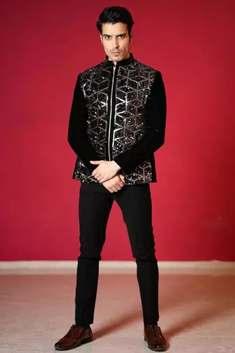 Black velvet bomber jacket with golden geometic sequins embroidery