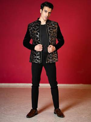 Black velvet bomber jacket with golden geometic sequins embroidery 4