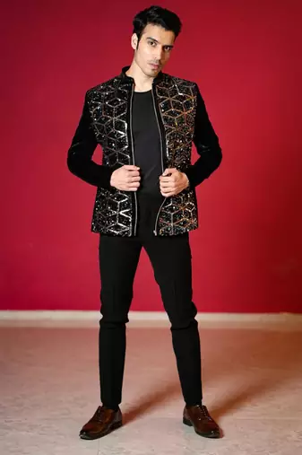 Black velvet bomber jacket with golden geometic sequins embroidery