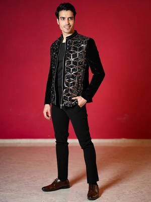 Black velvet bomber jacket with golden geometic sequins embroidery 5