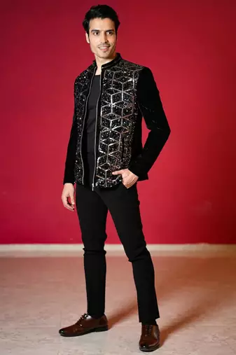 Black velvet bomber jacket with golden geometic sequins embroidery