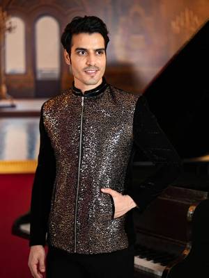 Black velvet bomber jacket with copper sequins embroidery 1
