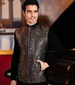 Black velvet bomber jacket with copper sequins embroidery