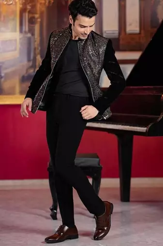 Black velvet bomber jacket with copper sequins embroidery