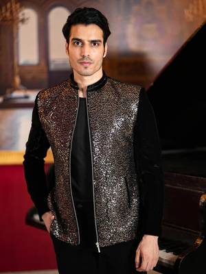 Black velvet bomber jacket with copper sequins embroidery 4