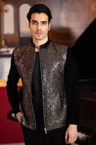 Black velvet bomber jacket with copper sequins embroidery
