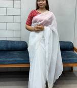 White Gold Crush Fabric Women Saree And Blouse