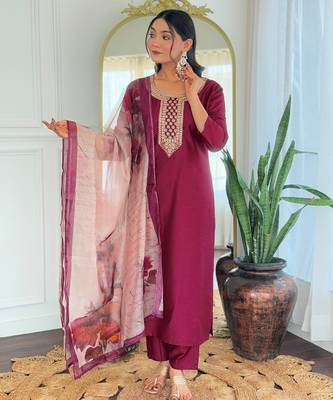 maroon embroidered stitched rayon kurta suit with dupatta 1