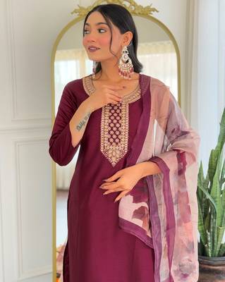 maroon embroidered stitched rayon kurta suit with dupatta 2