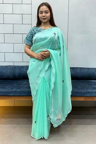 sea green Fancy Two Tone Saree And Bandhej Blouse